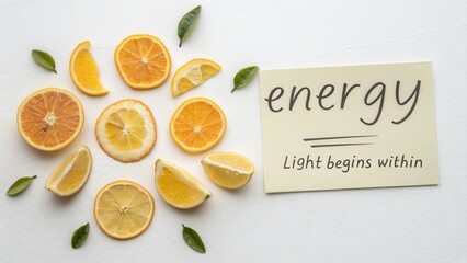 Fresh Citrus Fruits and Inspirational Quote on Light and Energy with Lemon and Orange Slices Arrangement