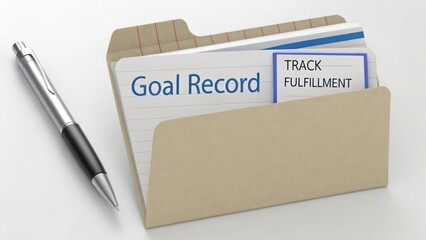 Organized Goal Record Folder with Track Fulfillment Card and Silver Pen on a White Desk Surface