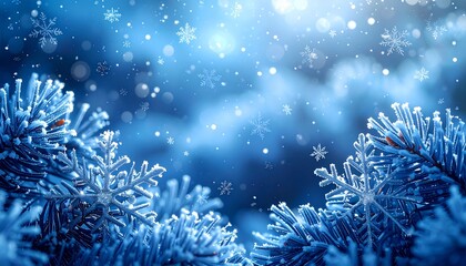 Close-up of frosty pine branches with soft snowfall under a blue winter sky. The tranquil tones create a calm and magical seasonal atmosphere perfect for holiday designs.