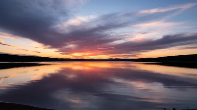 Majestic timelapse of dramatic clouds scudding across the sky, perfectly reflected on a serene lake surface at sunset environment, tranquil, scudding