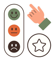 Hand pointing to happy faces representing satisfaction levels with a star icon for ratings. Ideal for feedback, review, survey, satisfaction, evaluation, approval, decision-making themes. Simple flat