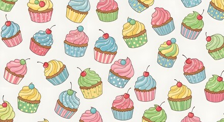 Simple Cupcake Pattern White Background Cherry Topped Desserts. National Cupcake Day.