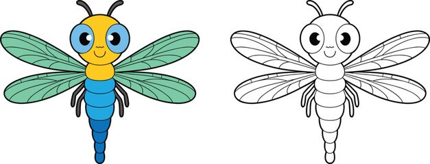 Cartoon dragonfly illustration, colorful insect character with outline version, children’s coloring book activity, educational nature art, vector design for kids