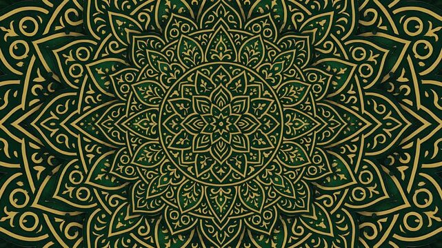 Animation of an intricate Islamic mandala design featuring detailed gold linework on deep green tones, creating an elegant and ornamental pattern suitable for backgrounds, decor, or cultural themes.