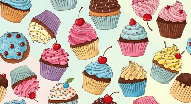 Hand Drawn Cupcake Pattern Cherries Berries Pastel Background