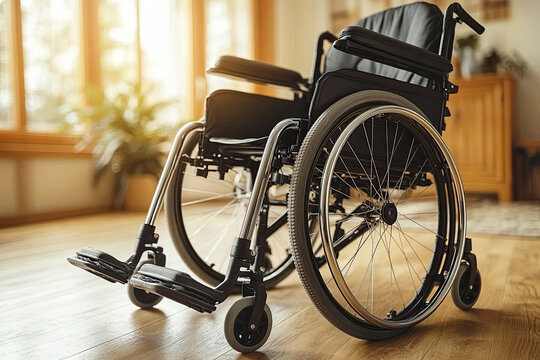 A modern wheelchair positioned in a sunlit room with wooden flooring, showcasing accessibility and comfort.