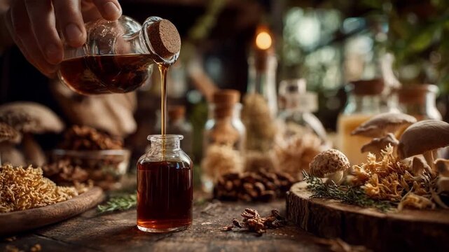 A skilled herbalist carefully pours a rich mushroom tincture into a small glass bottle highlighting the natural extraction process in a cozy apothecary setting.