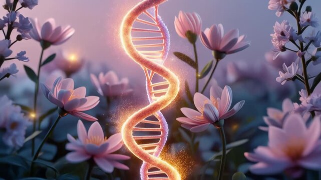 Glowing DNA spiral merging with blooming pink flower and glowing powder in soft light bloom