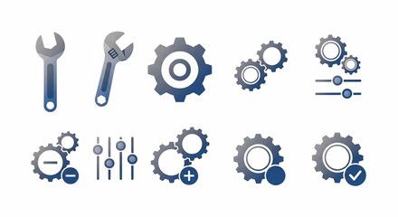 A collection of blue and grey icons depicting wrenches, gears, and adjustment sliders, representing settings, tools, and mechanical processes.