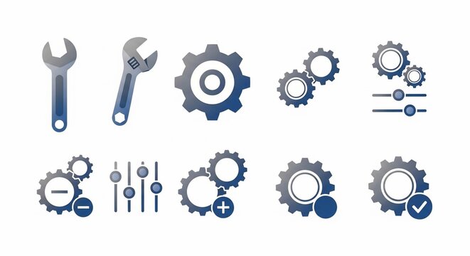 A collection of blue and grey icons depicting wrenches, gears, and adjustment sliders, representing settings, tools, and mechanical processes.