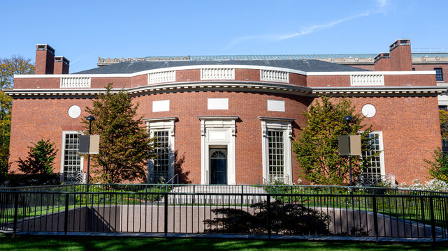 A close look of Houghton Library at Harvard University under blue sky	