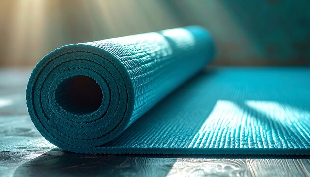 Close-up of a blue rolled yoga mat resting on a wooden surface