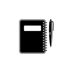 Black and white illustration of a closed spiral notebook with a pen resting beside it.