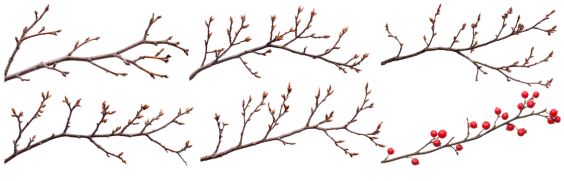Branches with buds and berries against a white background.