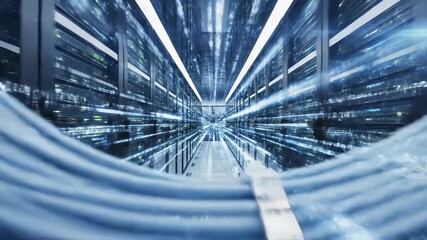 Servers humming with digital information flows in a high tech server room setting, showcasing technological innovation and global connectivity concepts, perfect for illustrating data storage. - Powered by Adobe