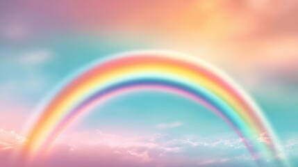 Obraz premium A vibrant rainbow arches across a pastel sky, blending colors with fluffy clouds below, a serene and dreamy atmosphere, blurred rainbow background