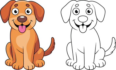 Cartoon dog illustration, cute puppy coloring page, happy pet drawing, animal clipart, children activity art, vector outline and colored version