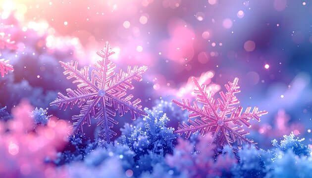 Close-up of crystal snowflakes in a soft, dreamy winter wonderland - Powered by Adobe