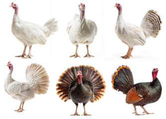 Six turkeys in various poses against a white background.
