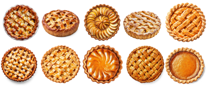 A collection of various pies, including apple, pumpkin, and pecan pies, arranged in a grid pattern on a white background.