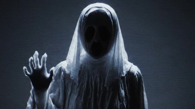 Figure in white fabric silhouette with hand raised dramatic lighting - Powered by Adobe