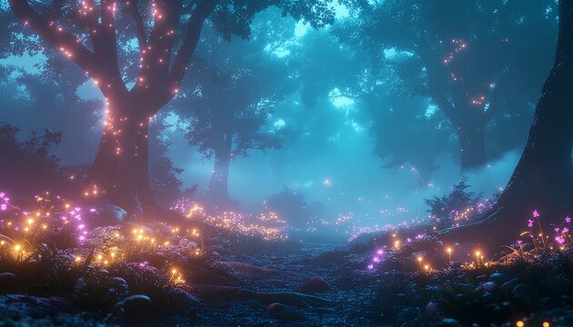 Enchanted forest bathed in ethereal light, a magical path beckons, promising wonder and dreams for fantasy stories and evocative designs, perfect for fairytales
