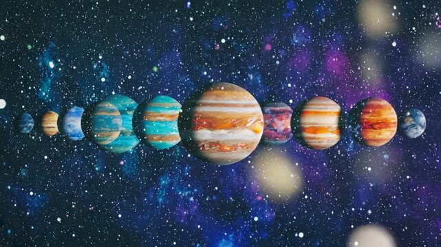abstract background with different planets in row