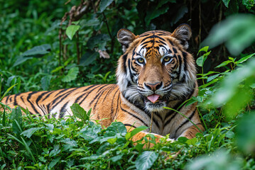 Resting Tiger in Thick Vegetation