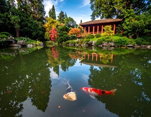 Serene pond with Japanese architecture and vibrant koi fish