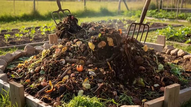 Medium shot of organic waste decomposing in an open pit with visible moisture and aeration highlighting traditional composting methods for sustainable fertilization.