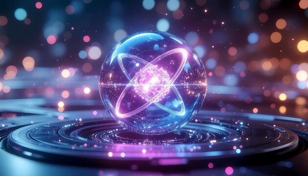 Futuristic glowing sphere with orbiting rings and bokeh background for technology concepts and innovative designs, exuding a sense of wonder and scientific discovery
