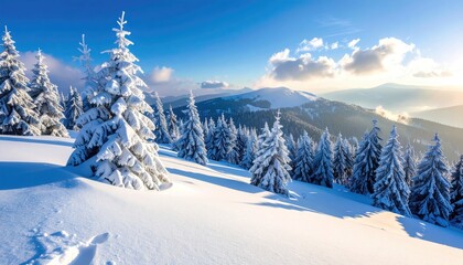 Sunlight Illuminates Snow Covered Pine Trees on a Grassy Hilltop with Fences and Open Fields Under a Clear Blue Sky with Wispy Clouds