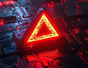 Glowing red triangle atop a futuristic circuit board