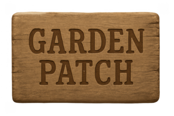 Wooden garden patch sign displaying engraved text on transparent background