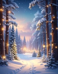Serene snowy forest path illuminated by soft string lights
