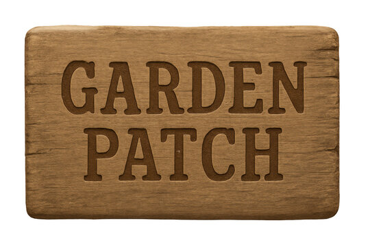 Wooden garden patch sign displaying engraved text on transparent background