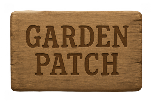 Wooden garden patch sign displaying engraved text on transparent background