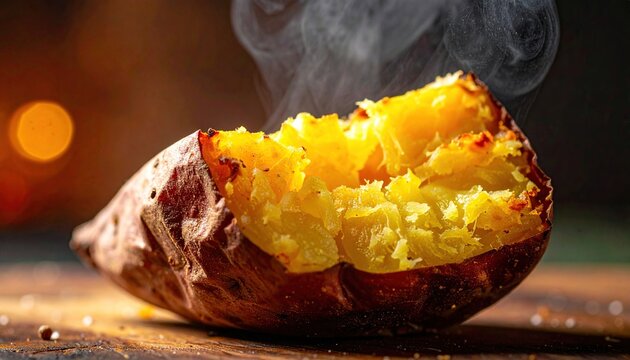 Hot steaming baked sweet potato on a rustic wooden table.