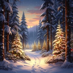 Serene snowy forest path scene with illuminated trees and falling snow