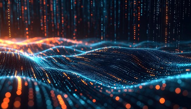 Digital art featuring flowing lights, lines, and waves of data