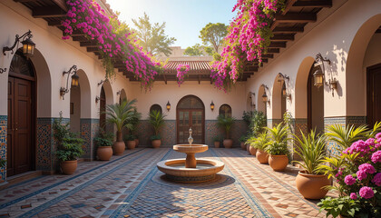 Moroccan courtyard with colorful mosaic tiles, clay lanterns, and blooming plants