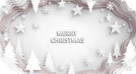 Elegant merry christmas paper cut design with trees snowflakes and stars for holiday greetings and festive winter season celebrations