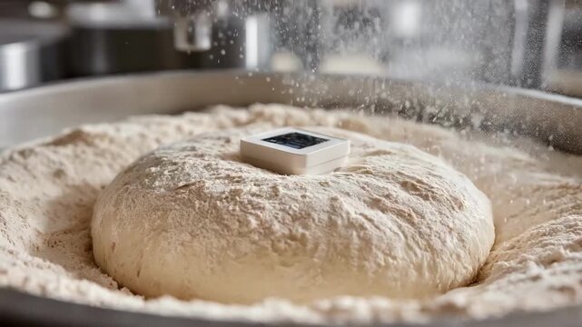 Medium shot showing a sensor device embedded in dough measuring moisture and elasticity for perfect baking results