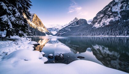 Serene, snowy mountain lake with pristine reflections