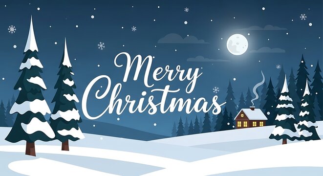 Merry christmas scene with snow covered trees and a cozy house under a full moon in a winter wonderland landscape creating a festive holiday atmosphere - Powered by Adobe