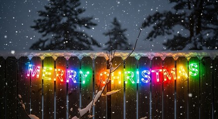 Merry christmas lights glow brightly on a snow covered wooden fence during a winter snowfall creating a festive holiday scene for christmas cards and greetings