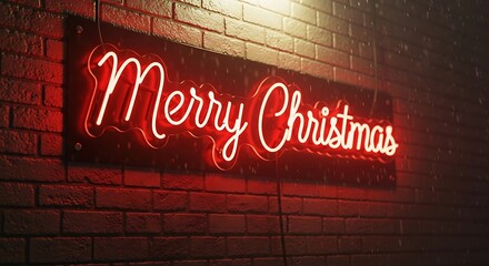 Festive merry christmas neon sign glowing brightly on a brick wall during a light snowfall creating a warm holiday atmosphere and inviting seasonal cheer