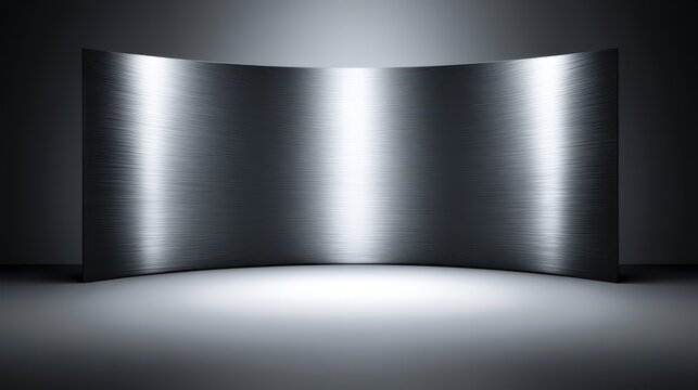 A sleek, curved metallic panel with a brushed texture, illuminated by soft lighting, a modern and minimalist aesthetic, blurred silver background