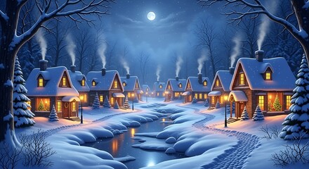 Snowy village scene at night with illuminated houses and a full moon creating a magical winter wonderland atmosphere perfect for holiday cards and seasonal designs