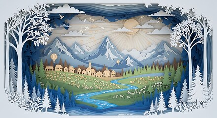 Paper art landscape featuring mountains river village trees and hot air balloons under a sunny sky with birds in flight creating a peaceful scene